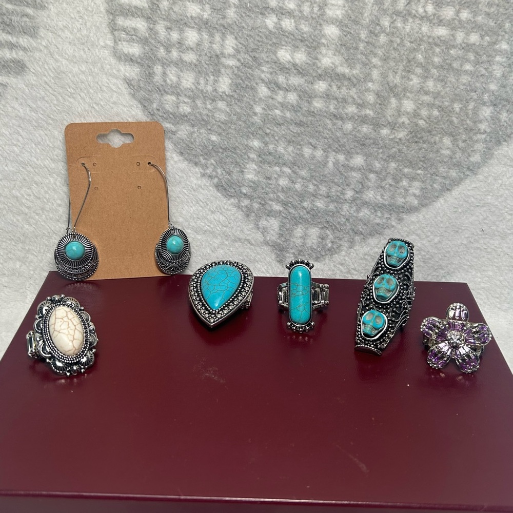 Turquoise Stone Silver-Tone Women's Ring and Earring Set